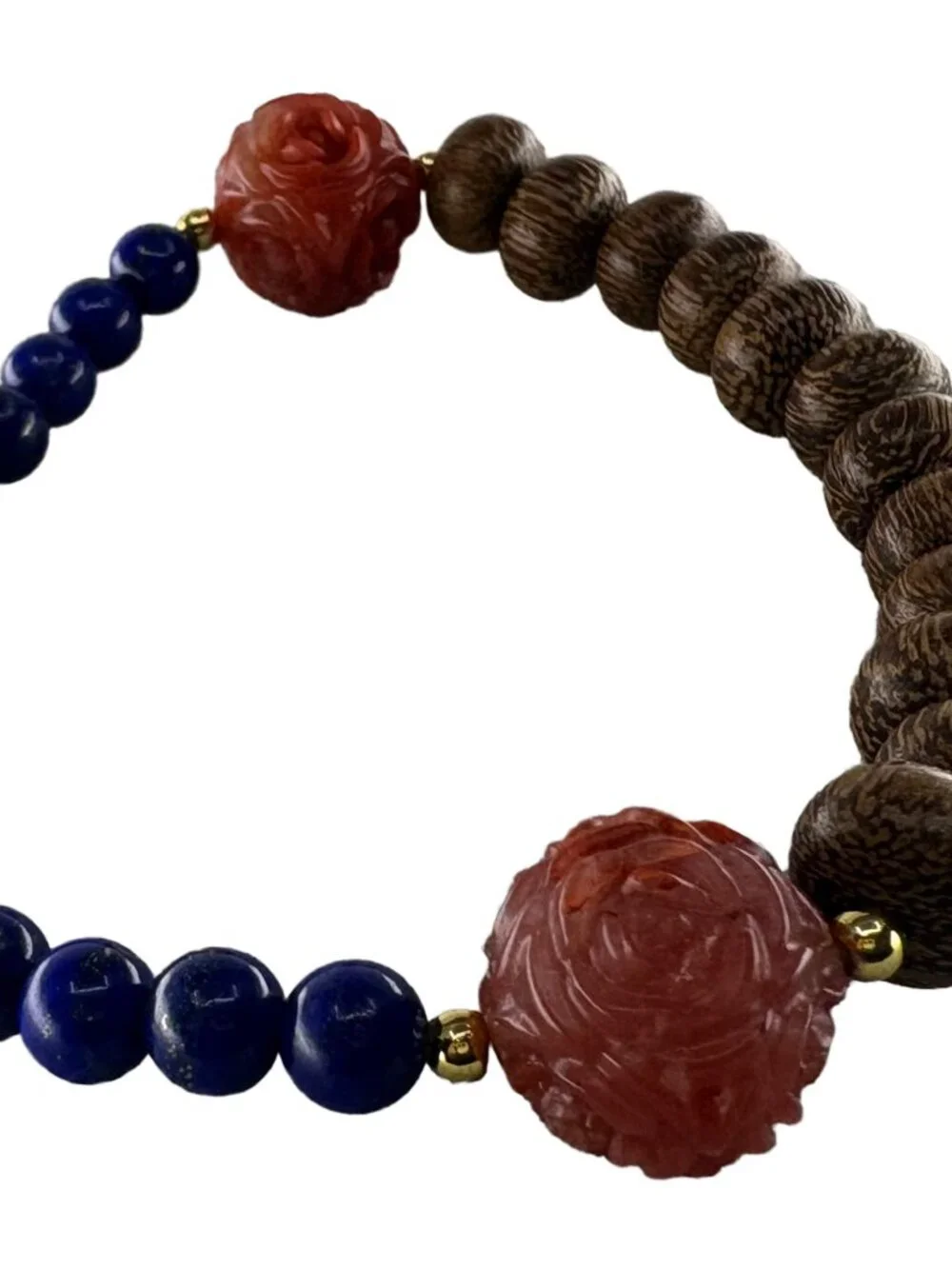 Hand-Carved Red Agate Rose Agarwood Lapis Lazuli Bracelet 18K Gold Filled 6.75
